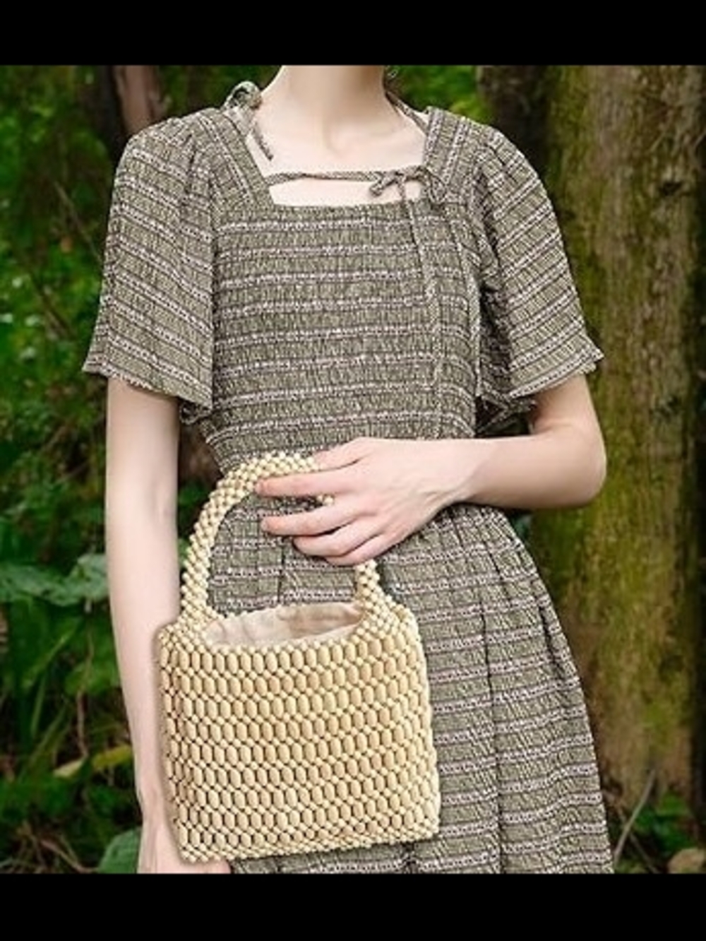 Cream Beaded Mini Tote Bag with Double Handle 7.25" X 6.5"